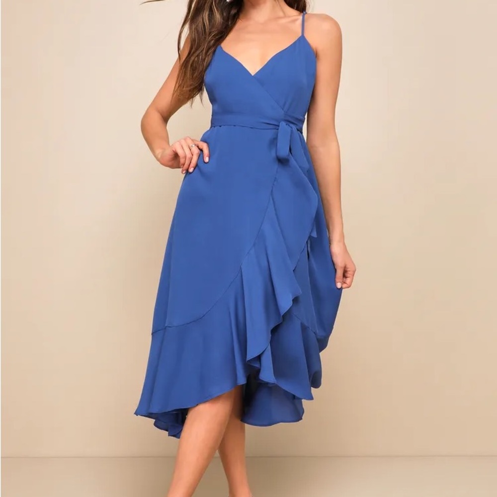Manhattan Moment Blue Ruffled Midi Wrap Dress